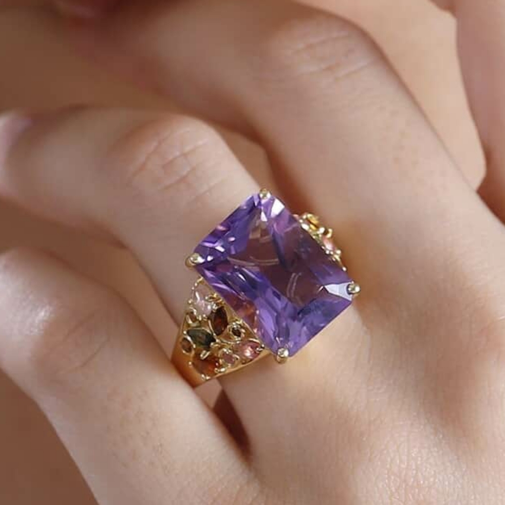 NWT Genuine Radiant Cut African Amethyst and Multi-Tourmaline 12.15 ctw Size 9 - Picture 8 of 14